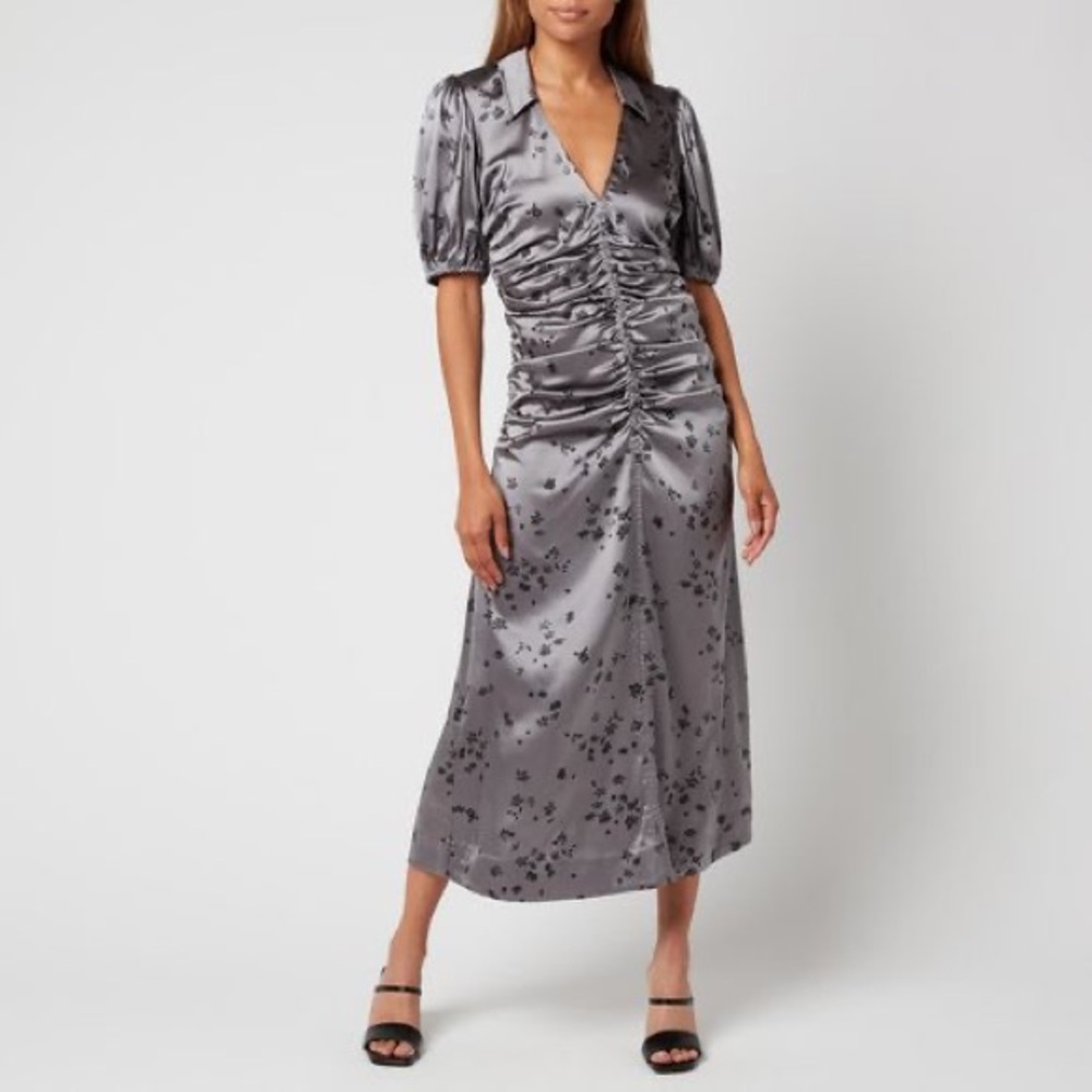 GANNI FLORAL RUCHED STRETCH SILK SATIN DRESS IN SHARKSKIN New With Tags